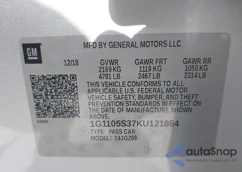 2019 Chevrolet Impala Premier из США, поврежденный, VIN 1G1105S37KU121864